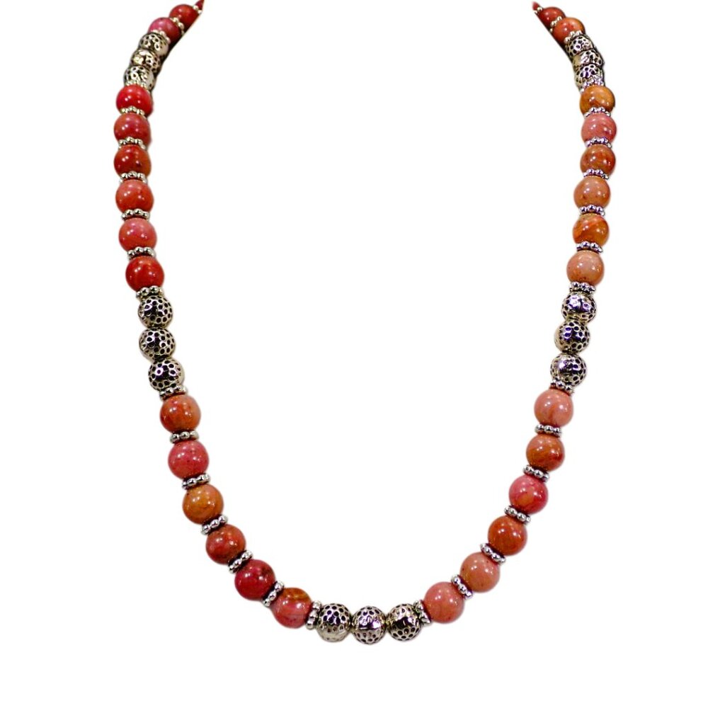 Genuine rhodonite pink gray stone bead necklace with round silver textured beads